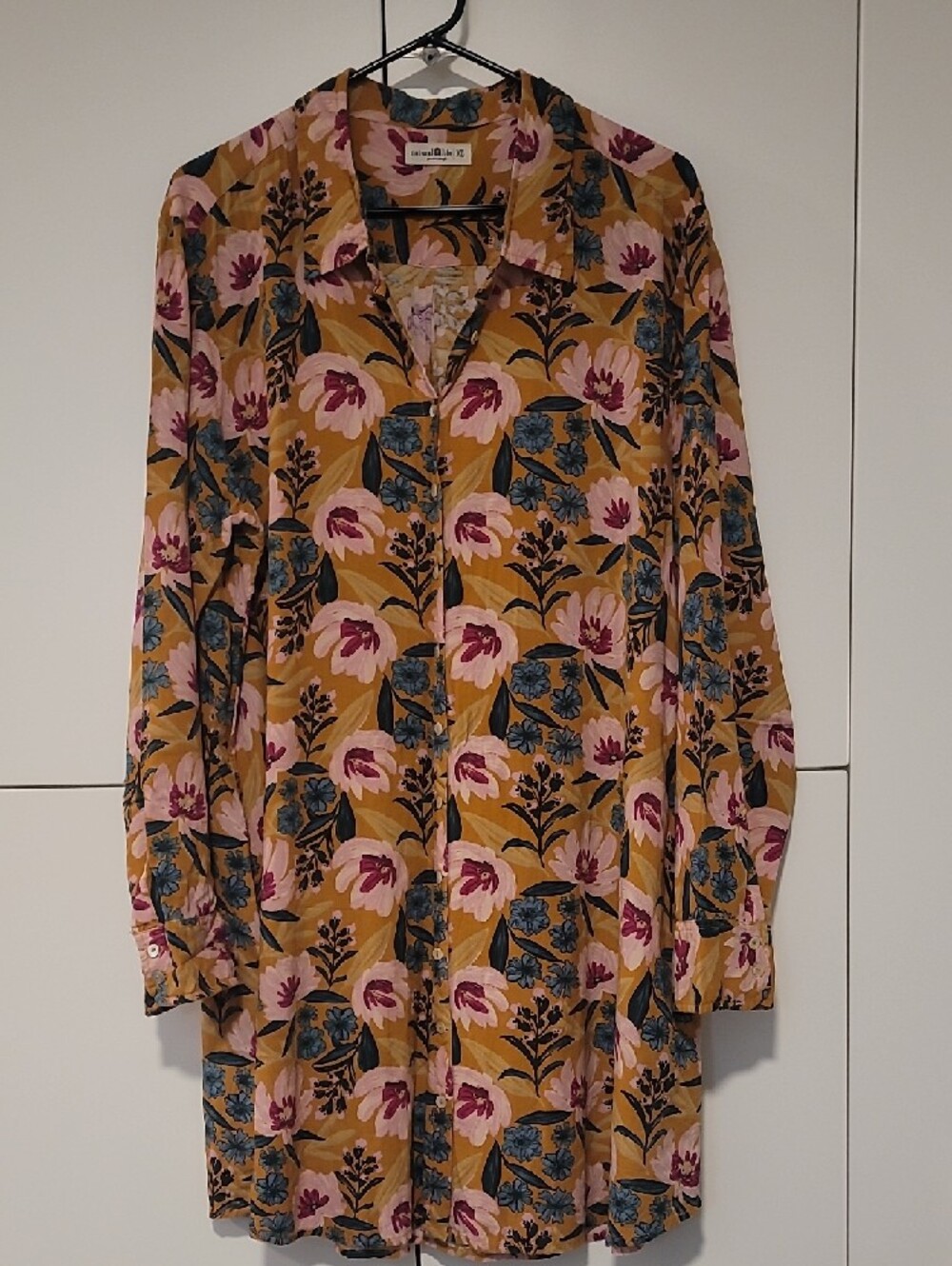NATURAL LIFE Mustard Floral Button-Front Dress with Pink and Blue Accents - Picture 5 of 5